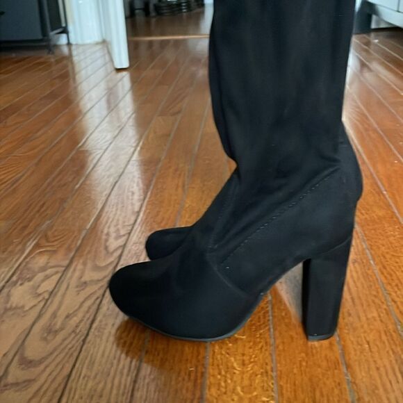 High heel Knee high solid black soft suede boots tie up autumn party block heels - Picture 11 of 13